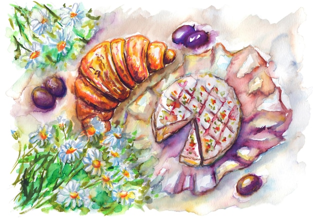 Aquarelle Français petit déjeuner d'été pique-nique croissant fromage Camembert raisin camomille fleurs oeuvre