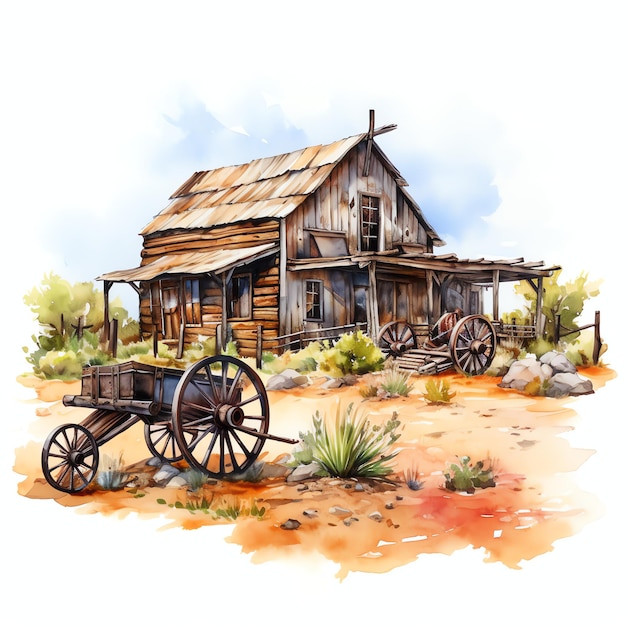 Aquarelle Frontier homestead ouest sauvage ouest cow-boy dessert illustration clipart