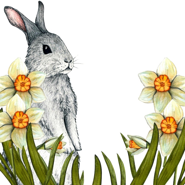 Aquarelle frontière pâques avec jonquille et lapin Illustration dessinée à la main de printemps isolée sur fond blanc