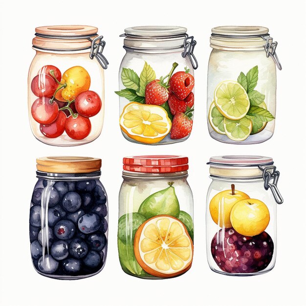 Aquarelle, fruit, dans, bocaux, blanc, fond, pour Clipart