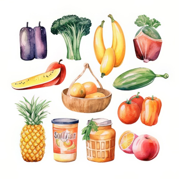 Une aquarelle de fruits et légumes, notamment des bananes, des bananes et d'autres fruits.