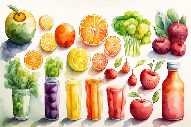 Une aquarelle de fruits et légumes