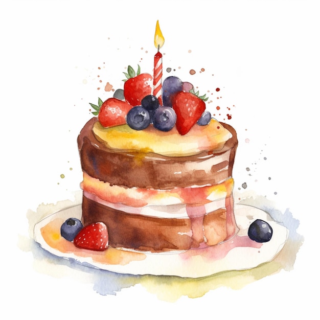 Une aquarelle d'un gâteau d'anniversaire avec des baies et une bougie.