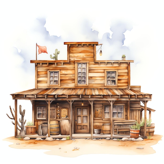 aquarelle Ghost town saloon western far west cowboy désert illustration clipart