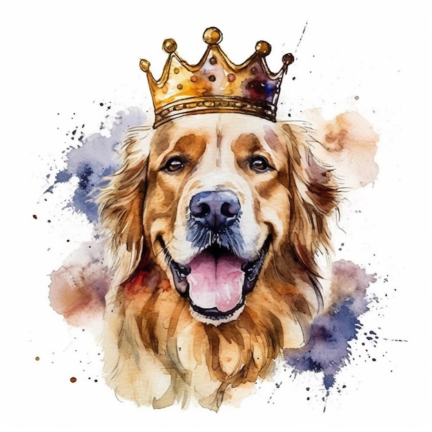 Une aquarelle d'un golden retriever avec une couronne sur la tête.