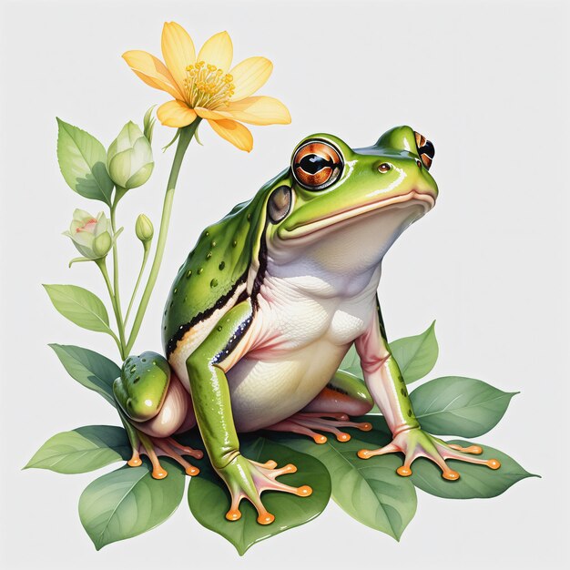 Aquarelle de grenouille avec une fleur sur fond blanc