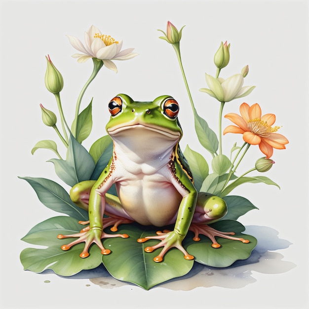 Aquarelle de grenouille avec une fleur sur fond blanc