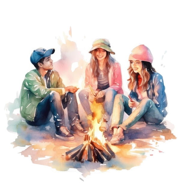 Aquarelle d'un groupe d'amis assis autour d'un feu de joie