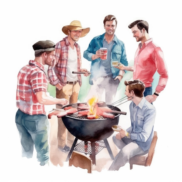Photo aquarelle d'un groupe d'hommes rassemblés autour d'un barbecue