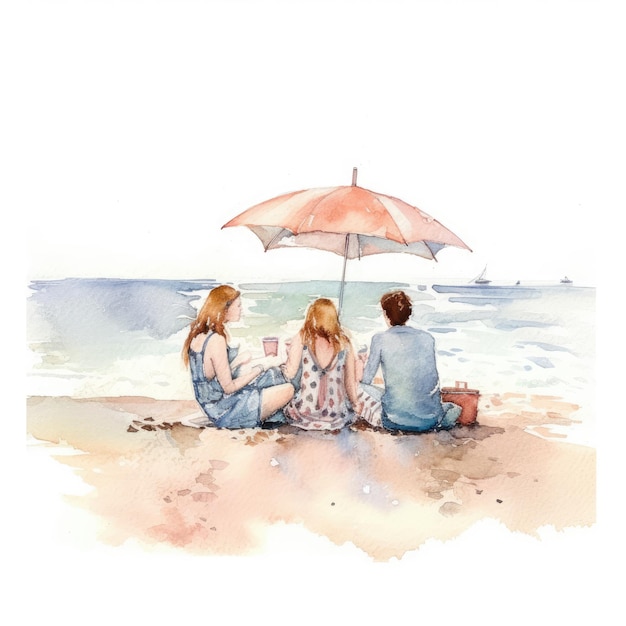Aquarelle d'un groupe de personnes assises sur une couverture de plage