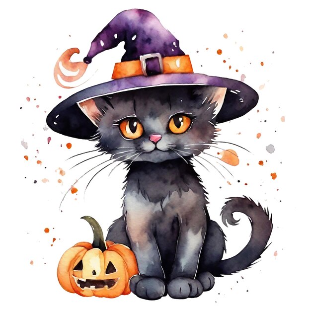 Aquarelle d'Halloween chat chat noir dans des chapeaux avec des citrouilles