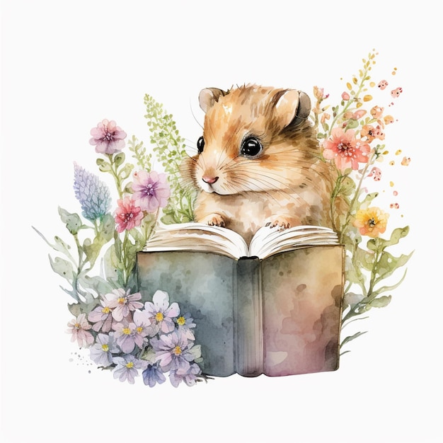 Une aquarelle d'un hamster sur un livre