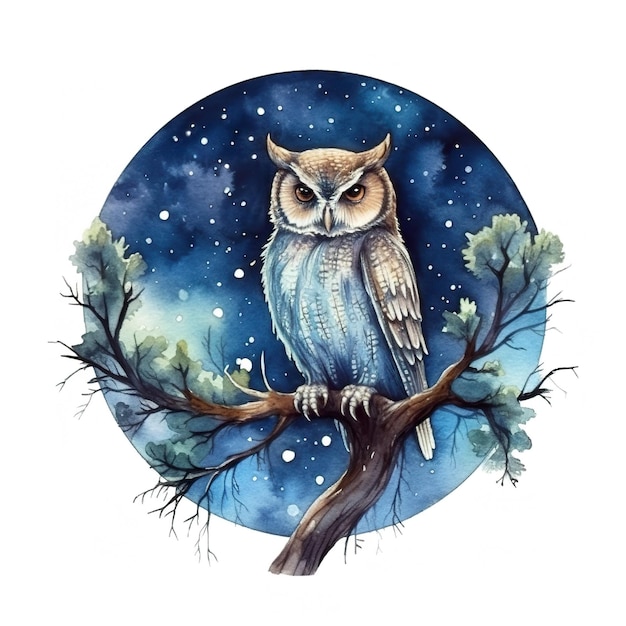 Une aquarelle d'un hibou assis sur une branche d'arbre Image AI générative