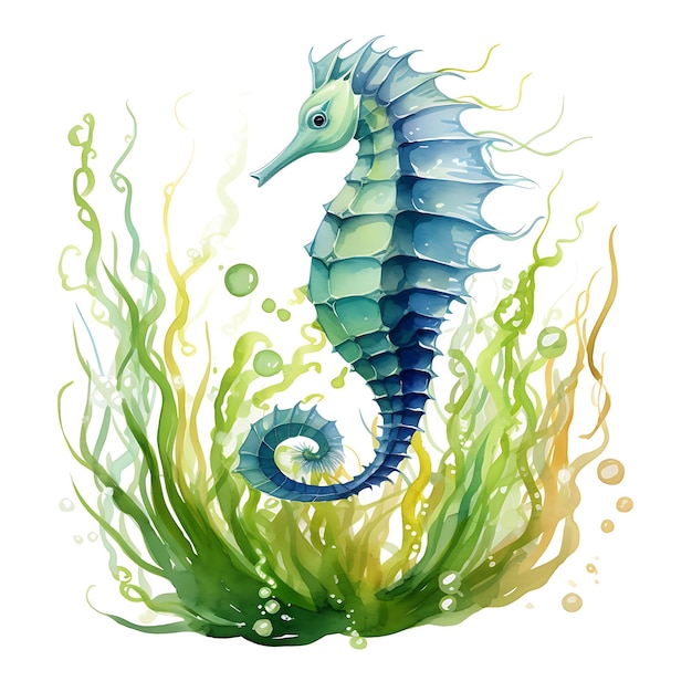 Aquarelle Hippocampe Animal sauvage entouré d'herbiers marins sur fond blanc Art numérique