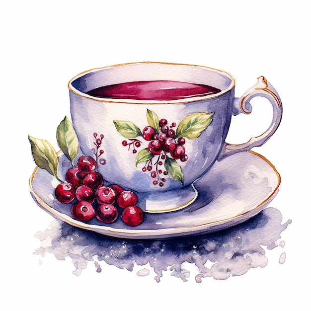 Aquarelle hiver tasse à thé avec fleurs Clipart fond blanc