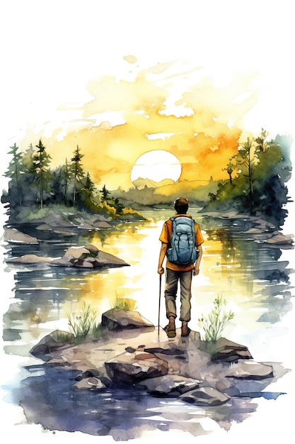 Une aquarelle d'un homme avec un sac à dos regardant un lac Image AI générative