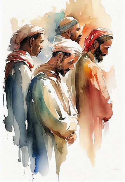 Une aquarelle d'hommes priant dans une mosquée.