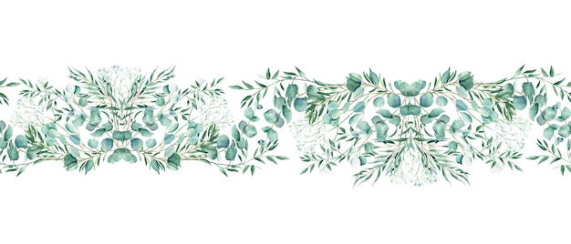 Aquarelle horizontale florale transparente motif eucalyptus gypsophile et branches de pistache