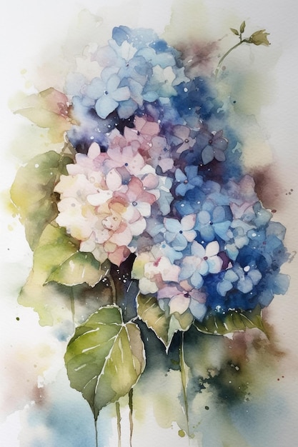 Une aquarelle d'un hortensia bleu