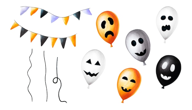 Aquarelle illustration de ballons d'Halloween avec des visages effrayants et des drapeaux festifs Peinture à la main orange b