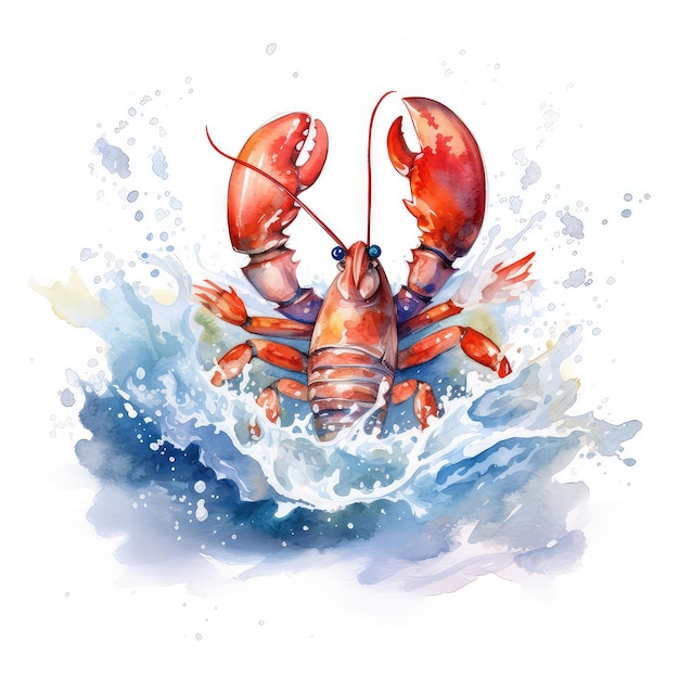 Aquarelle illustration de homard dessinée à la main sautant de la vague écumeuse de l'océan ludique