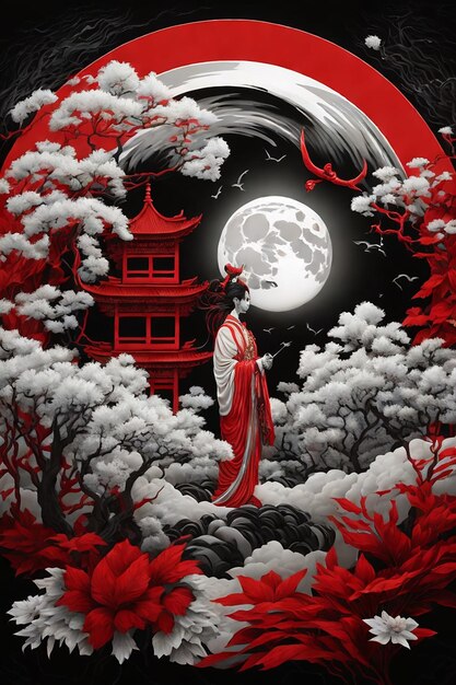Photo aquarelle illustration de style asiatique art rouge et noir ai généré