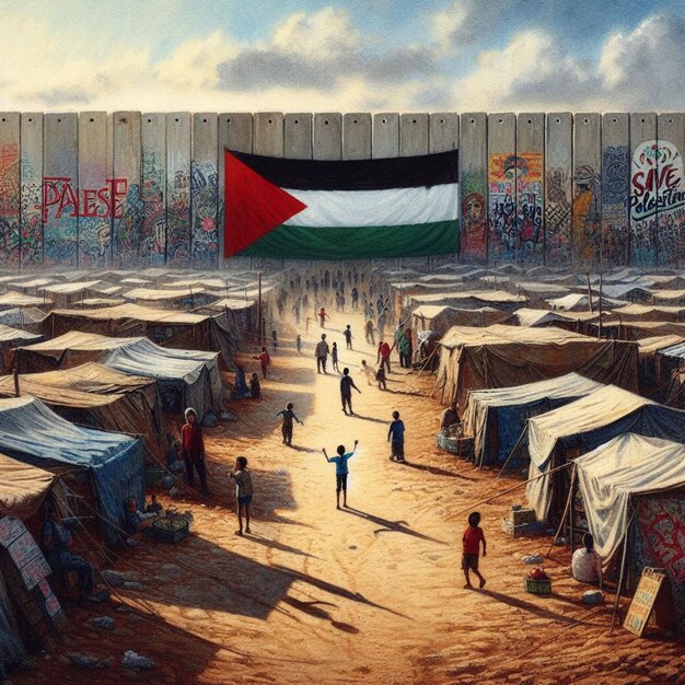 L'aquarelle illustre la résilience de la vie dans les camps de réfugiés avec la bannière Save Palestine