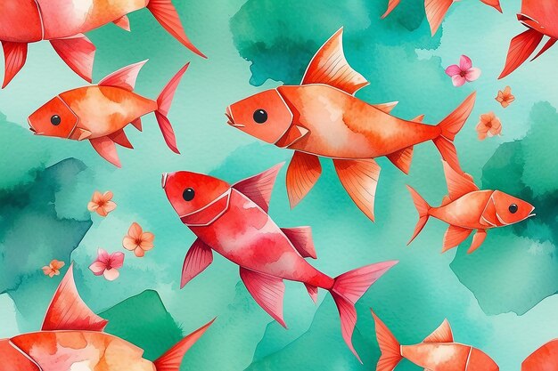 Photo aquarelle inspirée de l'origami fleur de cerisier vibrante poisson koi rouge orange et jade vert délice