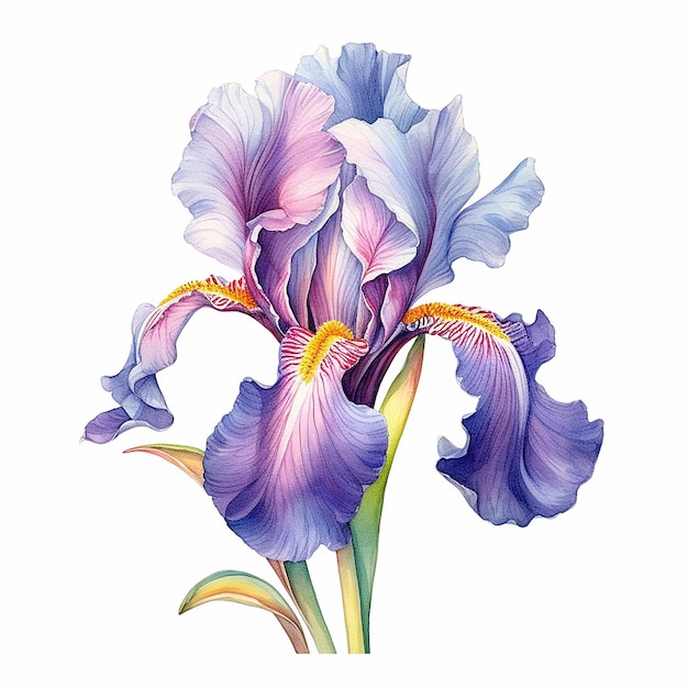 Une aquarelle d'un iris violet avec des pointes jaunes.