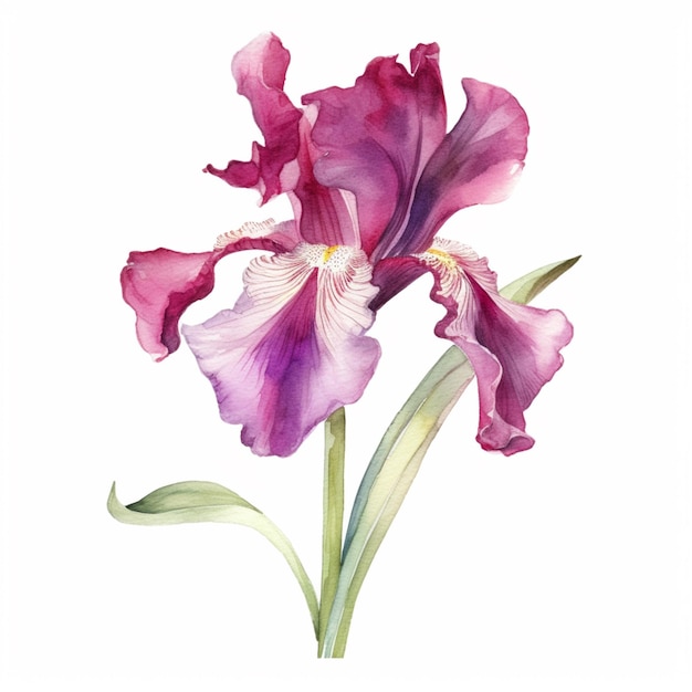 Une aquarelle d'un iris violet avec une tige verte.