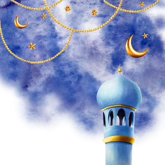 Aquarelle islamique arabe cadre avec minaret croissant d'or étoiles de lune sur une chaîne d'or illustrati