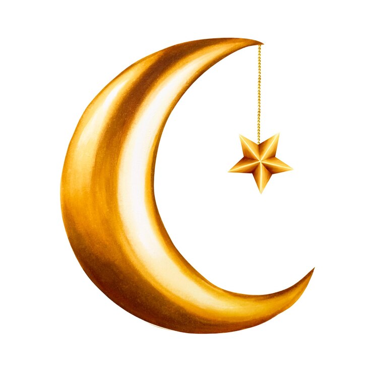 Photo aquarelle islamique arabe dorée étoile de la lune croissante sur une chaîne d'or illustration isolée sur blanc