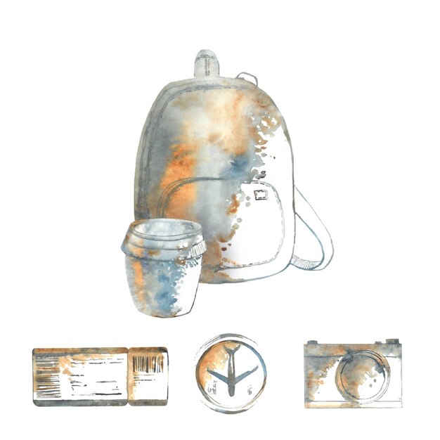 Aquarelle isolée main dessinée sac à dos sac à dos porte-documents thermo mug tasse à café à emporter