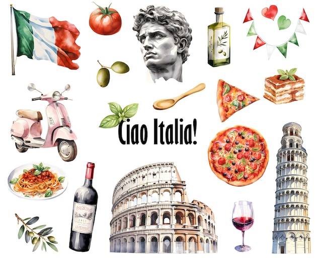 Photo aquarelle italie symboles italie icônes de voyage élément italien nourriture symbole culturel voyage en italie