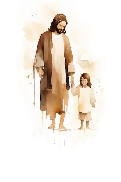 Photo aquarelle jésus-christ avec des enfants