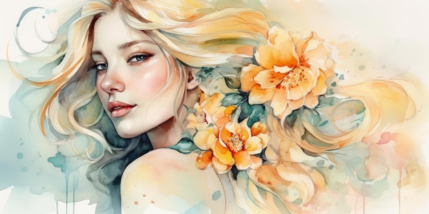Aquarelle jeune femme avec art de portrait de fleurs