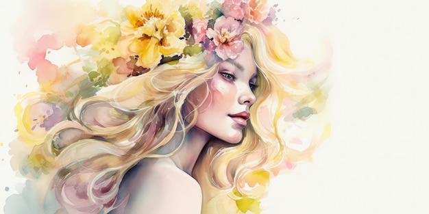 Aquarelle jeune femme avec art de portrait de fleurs