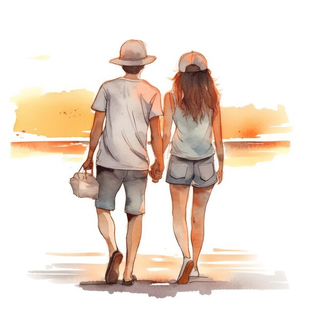 aquarelle joli couple tenant par la main la femme aux longs cheveux blonds portant une tenue de plage