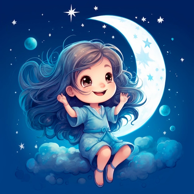 Aquarelle de jolie fille avec étoile et lune