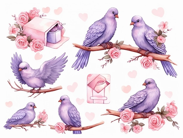 Aquarelle jour de la Saint-Valentin pigeon d'amour couple d'aquarelle dessinée à la main illustration pour carte de vœux ou conception d'invitation