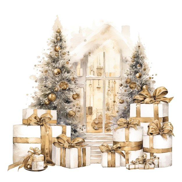 Aquarelle joyeux Noël et bonne année fond avec des coffrets cadeaux blancs et arbre de Noël