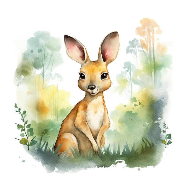 Une aquarelle d'un kangourou dans la forêt