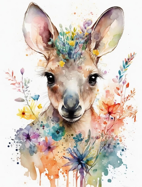 Une aquarelle d'un kangourou avec des fleurs