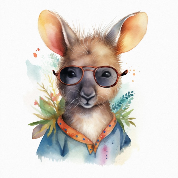 Une aquarelle d'un kangourou portant des lunettes de soleil et une chemise qui dit "kangourou"