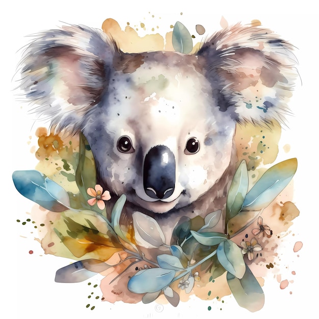 Une aquarelle d'un koala avec des feuilles et des fleurs.