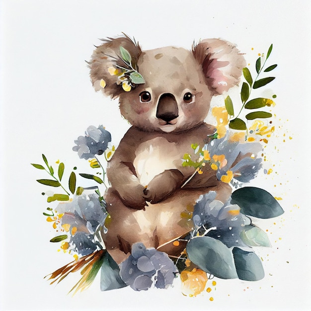 Une aquarelle d'un koala avec des fleurs et des feuilles.