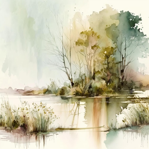 Une aquarelle d'un lac avec des arbres et de l'herbe.