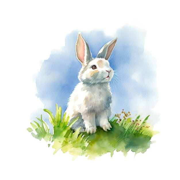 Une aquarelle d'un lapin assis dans l'herbe Image AI générative