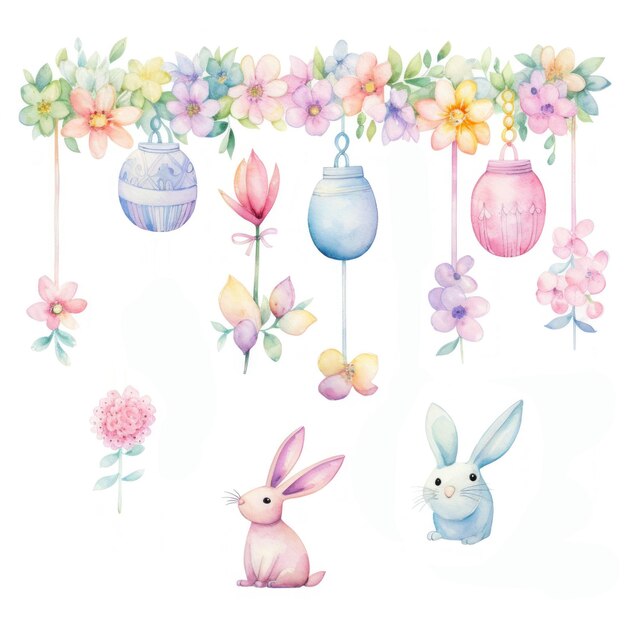 Aquarelle de lapin aux œufs de Pâques décorée de fleurs de printemps sur fond blanc