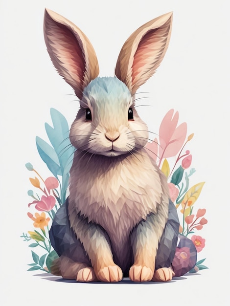 aquarelle un lapin mignon avec un clip de fleur